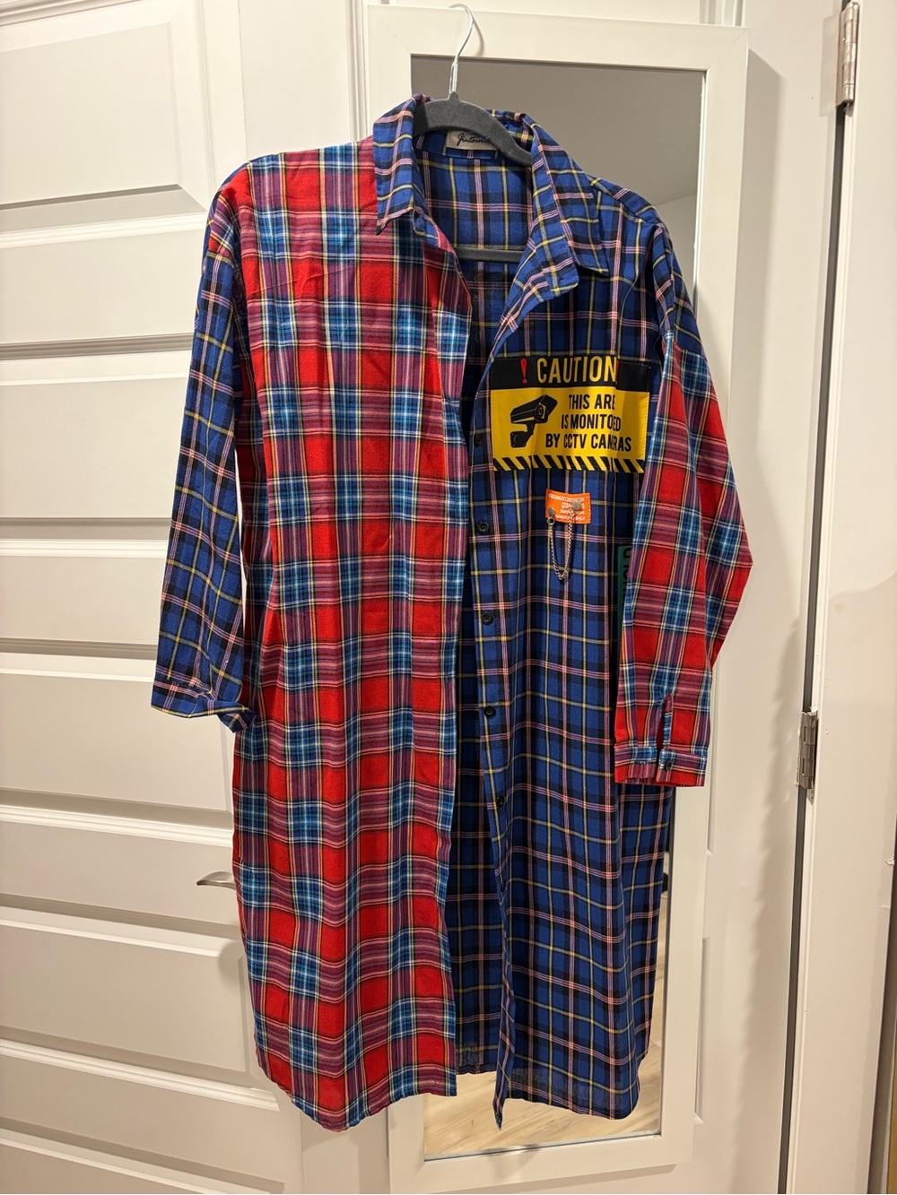 Two-Tone Red & Blue Plaid Longline Shirt with Caution Patch